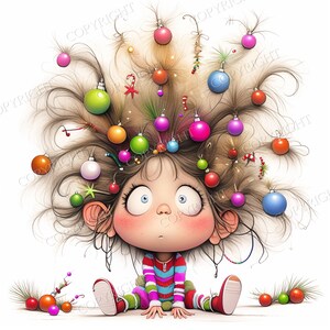 May include: A cartoon illustration of a character with wild, messy brown hair decorated with numerous small, colorful Christmas ornaments in shades of red, green, blue, pink, and orange. The character wears a striped shirt and sits on the floor.