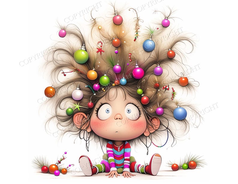 May include: A cartoon illustration of a character with wild, messy brown hair decorated with numerous small, colorful Christmas ornaments in shades of red, green, blue, pink, and orange. The character wears a striped shirt and sits on the floor.