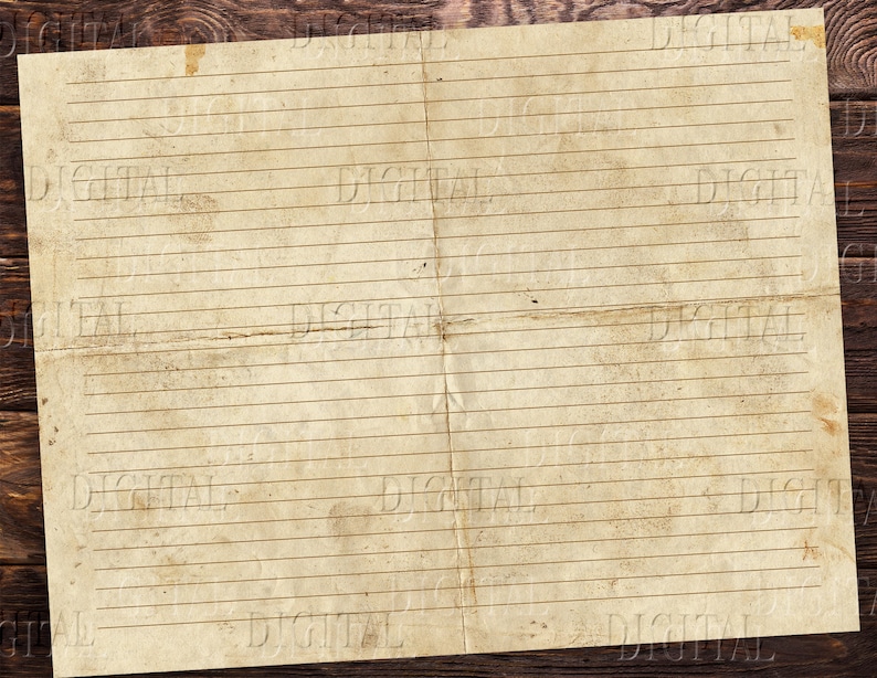 May include: A vintage, lined paper sheet with a worn, aged appearance. The paper is folded in half and has a brown wood background.