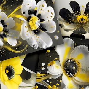 Flores caprichosas, papel de aquarela de fantasia amarela e preta, download instantâneo, páginas florais digitais, PDF