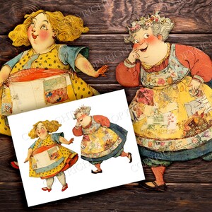 May include: Two vintage-style paper cutouts of women in aprons, one with blonde hair and the other with gray hair. The women are wearing yellow dresses with aprons and are set against a dark wood background. A smaller image of the women is in the foreground.