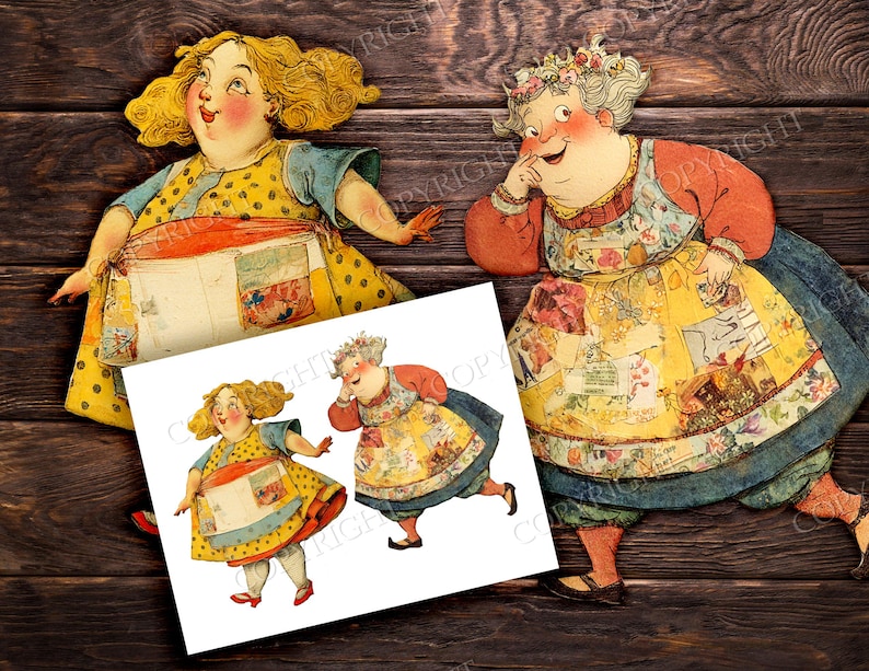 May include: Two vintage-style paper cutouts of women in aprons, one with blonde hair and the other with gray hair. The women are wearing yellow dresses with aprons and are set against a dark wood background. A smaller image of the women is in the foreground.