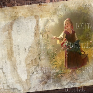 Peut inclure: Une illustration vintage d'une jeune fille en robe rouge et bonnet blanc debout dans un champ de fleurs sauvages. Elle tient un panier et tend la main. L'image est imprim&eacute;e sur du papier textur&eacute; avec un aspect d&eacute;lav&eacute; et antique.
