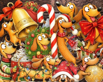 Dachshund Images| Funny Christmas Wiener Dog  Digital Images| Holiday Puppy Illustrations, JPG, PDF