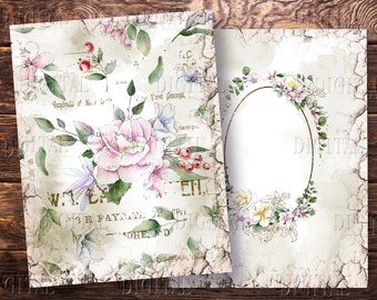 Páginas de diario basura con rosas vintage, 12 imprimibles florales franceses, rosas francesas, PDF