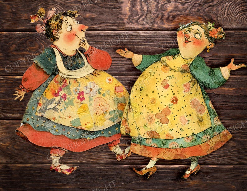 May include: Two vintage paper cutouts of women in colorful dresses. The figures have rosy cheeks and are set against a dark wood background. The dresses feature floral patterns and are trimmed with red and blue accents. The women appear to be dancing.
