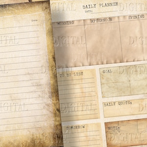 May include: A vintage-style daily planner with sections for morning, afternoon, and evening. It includes a to-do list, goal section, daily quote, and note area. The planner has a distressed, aged paper background.