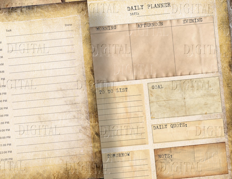 May include: A vintage-style daily planner with sections for morning, afternoon, and evening. It includes a to-do list, goal section, daily quote, and note area. The planner has a distressed, aged paper background.