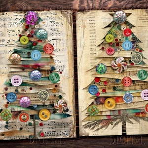 Two Christmas trees made of old sheet music and decorated with colorful buttons.