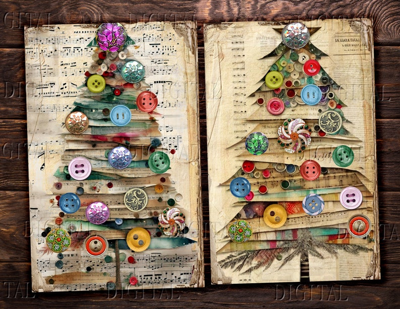 Two Christmas trees made of old sheet music and decorated with colorful buttons.