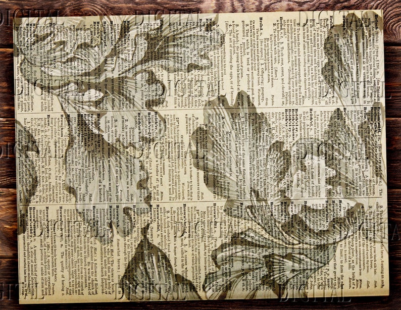 May include: A vintage book page with a floral pattern printed on it. The flowers are in shades of brown and white and are printed over the text of the book page.