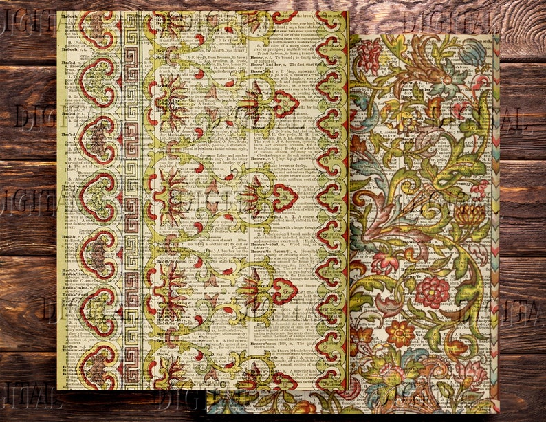 May include: Three digital paper designs featuring a vintage style with a floral pattern and text. The floral pattern is in shades of red, green, yellow, and blue. The text is in black and white.