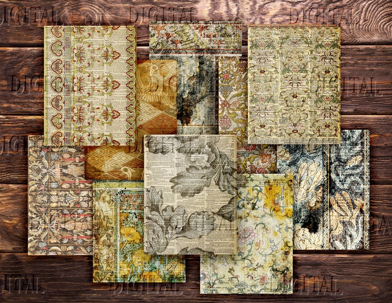 May include: A collection of 10 digital paper textures featuring vintage patterns and designs. The papers are in shades of brown, beige, and cream with intricate floral and geometric motifs.