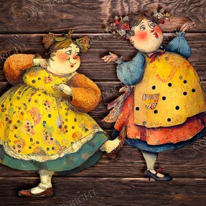 May include: Two whimsical, vintage-style figures of women dancing, set against a dark wood background. The figures wear colorful dresses with floral and polka dot patterns, and have rosy cheeks. The image has a charming, storybook aesthetic.