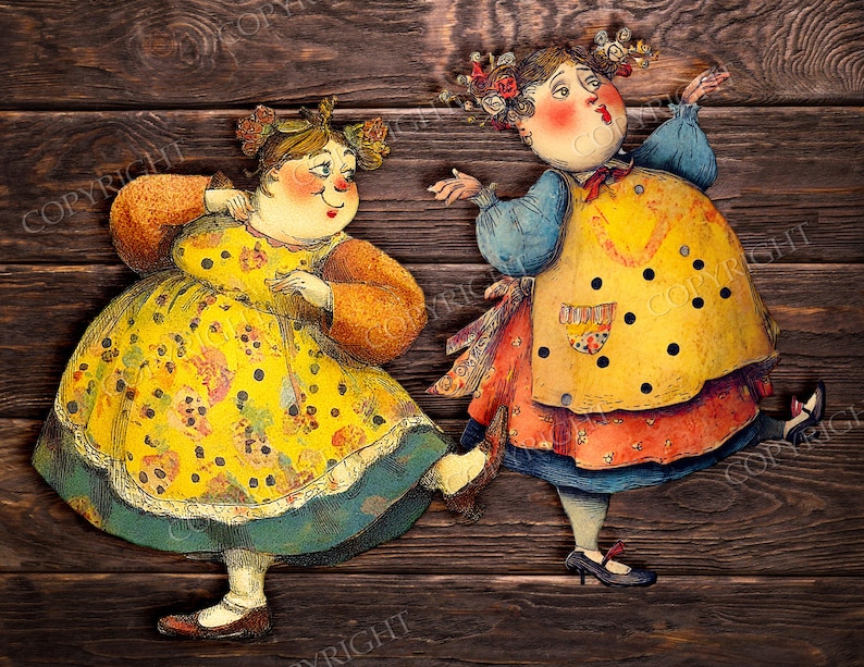 May include: Two whimsical, vintage-style figures of women dancing, set against a dark wood background. The figures wear colorful dresses with floral and polka dot patterns, and have rosy cheeks. The image has a charming, storybook aesthetic.