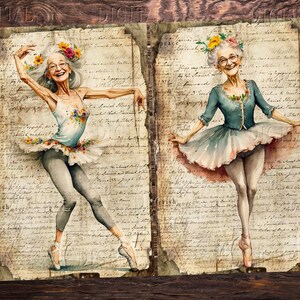 Watercolor art print featuring two elderly ballerinas in vintage style. One wears a light blue leotard with floral accents and gray leggings. The other wears a teal top and a light blue tutu. Both have floral headpieces and are set against a backdrop of aged paper. DigitalFit Etsy Store: https://www.etsy.com/shop/DigitalFit