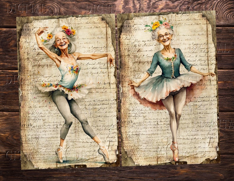 Watercolor art print featuring two elderly ballerinas in vintage style. One wears a light blue leotard with floral accents and gray leggings. The other wears a teal top and a light blue tutu. Both have floral headpieces and are set against a backdrop of aged paper. DigitalFit Etsy Store: https://www.etsy.com/shop/DigitalFit