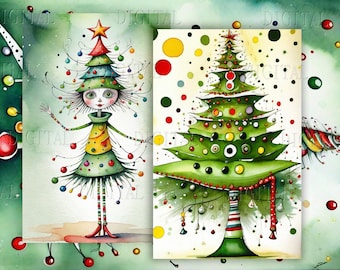 Merry & Bright Christmas Tree, Holiday Junk Journal Half Pages,  Christmas Postcard, PDF
