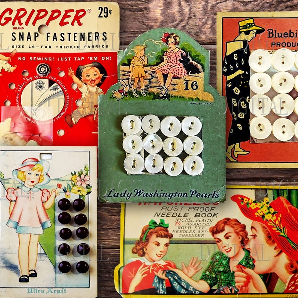 Näh Ephemera Pack, 23 Vintage Buttons druckbare Karten, digitale Bastelknöpfe, PDF, Set 1