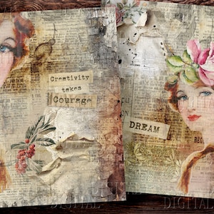 La creatività richiede coraggio, carta digitale Vintage Girl, sfondo romantico, 4 carte di diario floreali Junk, PDF
