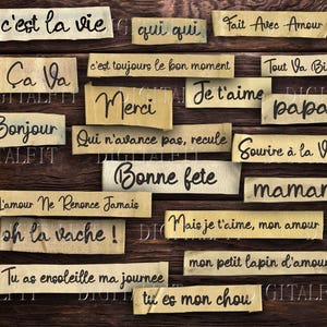 May include: A collection of colorful paper notes with French phrases on a wooden background. The notes include phrases like "c'est la vie", "bonjour", "je t'aime", and "bonne fete".