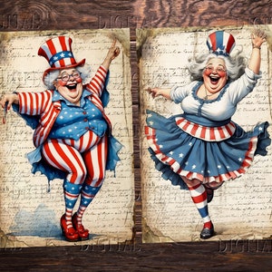 Puede incluir: Dos ilustraciones de personas vestidas con ropa patri&oacute;tica roja, blanca y azul. Las personas sonr&iacute;en y parecen estar bailando. Las ilustraciones est&aacute;n sobre un fondo vintage con texto escrito a mano.