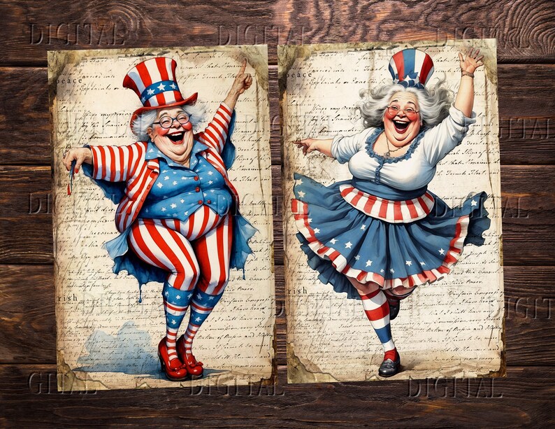 Puede incluir: Dos ilustraciones de personas vestidas con ropa patri&oacute;tica roja, blanca y azul. Las personas sonr&iacute;en y parecen estar bailando. Las ilustraciones est&aacute;n sobre un fondo vintage con texto escrito a mano.