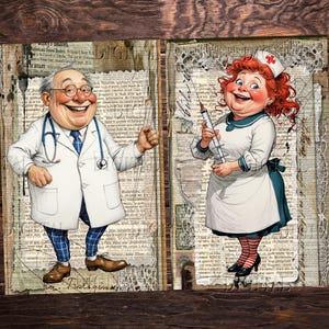 Whimsical doctor and nurse printable collage featuring antique book pages, vintage lace, and distressed medical journal aesthetic.  DigitalFit Etsy Store: https://www.etsy.com/shop/DigitalFit