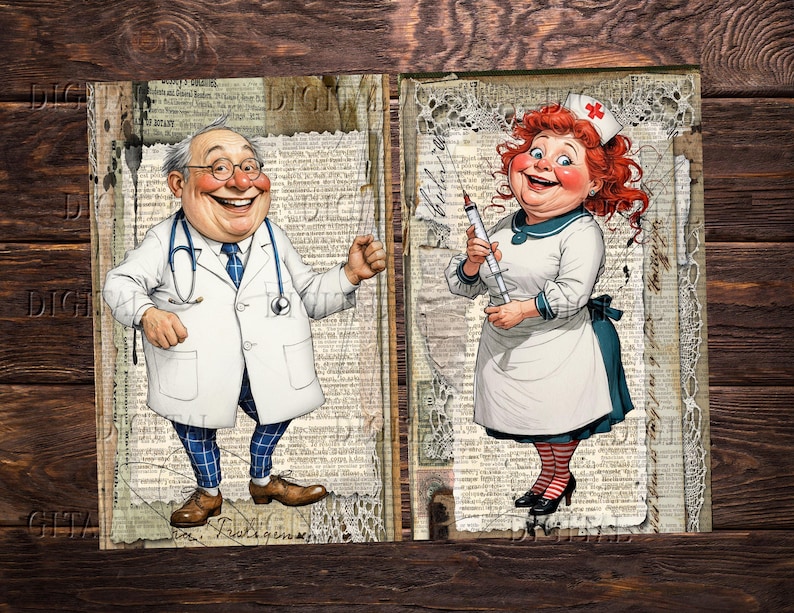Whimsical doctor and nurse printable collage featuring antique book pages, vintage lace, and distressed medical journal aesthetic.  DigitalFit Etsy Store: https://www.etsy.com/shop/DigitalFit