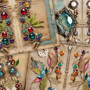 May include: Four handmade decorative pieces with a vintage aesthetic. Each piece features a different design of colourful jewels, beads, and embellishments on a textured brown background.