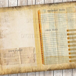 May include: A vintage-style, two-page notebook with a dotted grid on the left page and lined sections on the right page. The right page has the headings "Important Tasks" and "Other Tasks". The left page has a section labeled "Don't Forget" with a space for writing and four bullet points.