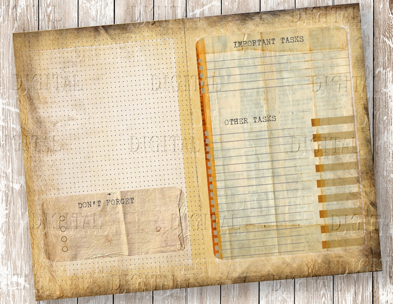 May include: A vintage-style, two-page notebook with a dotted grid on the left page and lined sections on the right page. The right page has the headings "Important Tasks" and "Other Tasks". The left page has a section labeled "Don't Forget" with a space for writing and four bullet points.