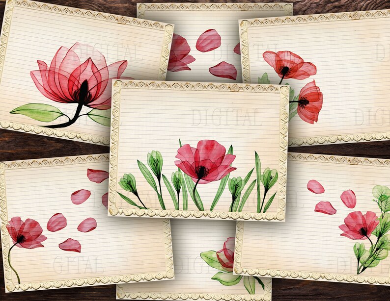 Printable Lined Paper Download 16 Poppy Flower Lined &amp; Blank - Etsy