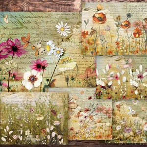 Wildflower Journal Paper, 8 Printable Field Flowers Collage Pages, 11"x 8.5", Floral Clipart, Junk Journal Kit, PDF