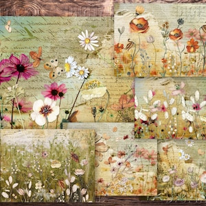 Papel de diário de flores silvestres, 8 páginas de colagem de flores do campo para impressão, 11" x 8,5", clipart floral, kit de diário de lixo, PDF
