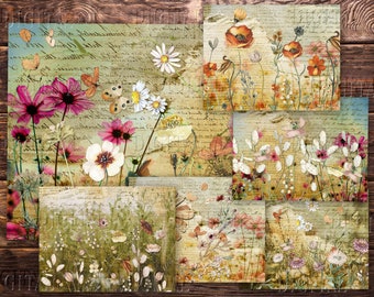 Wildflower Journal Paper, 8 Printable Field Flowers Collage Pages, 11"x 8.5", Floral Clipart, Junk Journal Kit, PDF