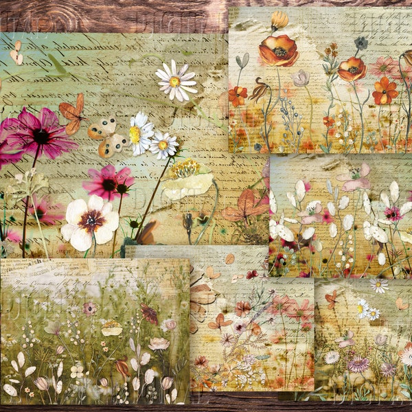 Wildflower Journal Paper, 8 Printable Field Flowers Collage Pages, 11"x 8.5", Floral Clipart, Junk Journal Kit, PDF