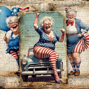 Puede incluir: Tres mujeres vestidas con atuendos patri&oacute;ticos rojo, blanco y azul. Una mujer sostiene un globo azul, otra est&aacute; sentada en un coche antiguo y la tercera est&aacute; de pie con las manos en las caderas. El fondo es un collage de estilo vintage de notas escritas a mano e im&aacute;genes.