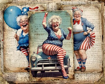 Patriotic Digital Paper, Whimsical Old Lady,  16 Funny Patriotic Invitations, 5.5 x 8.5, PDF