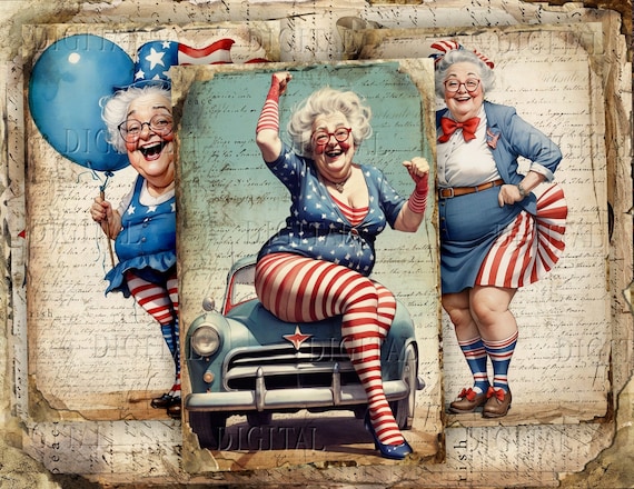 Patriotic Digital Paper, Whimsical Old Lady,  16 Funny Patriotic Invitations, 5.5 x 8.5, PDF