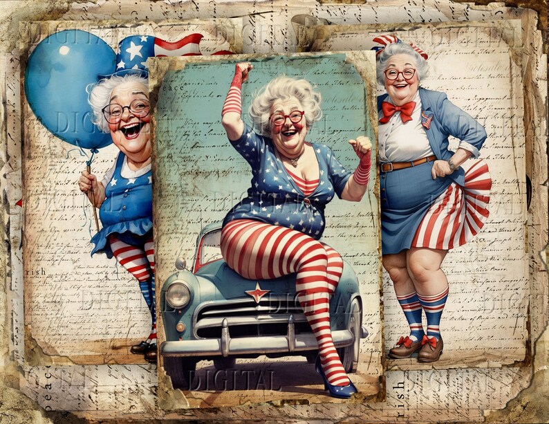 Puede incluir: Tres mujeres vestidas con atuendos patri&oacute;ticos rojo, blanco y azul. Una mujer sostiene un globo azul, otra est&aacute; sentada en un coche antiguo y la tercera est&aacute; de pie con las manos en las caderas. El fondo es un collage de estilo vintage de notas escritas a mano e im&aacute;genes.