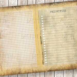 May include: A vintage-style notebook with a gridded page on the left and a list titled "PRIORITIES" on the right. The notebook has a worn, aged appearance.