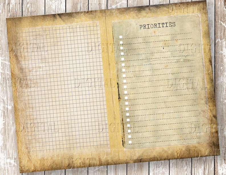 May include: A vintage-style notebook with a gridded page on the left and a list titled "PRIORITIES" on the right. The notebook has a worn, aged appearance.