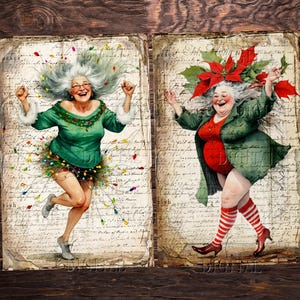 Two digital illustrations of women in vintage style clothing. The woman on the left is wearing a green dress with Christmas lights and is jumping. Both women are smiling.