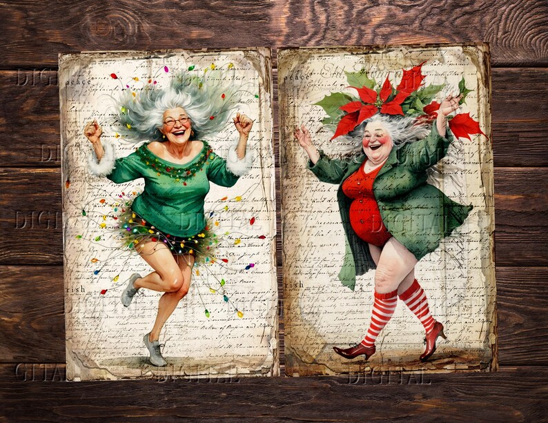 Two digital illustrations of women in vintage style clothing. The woman on the left is wearing a green dress with Christmas lights and is jumping. Both women are smiling.