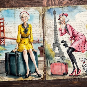 Oma Lustig Clipart, Alte Dame auf Reisen, 16 halbe Junk Journal Seiten, Geschenk für Oma, PDF