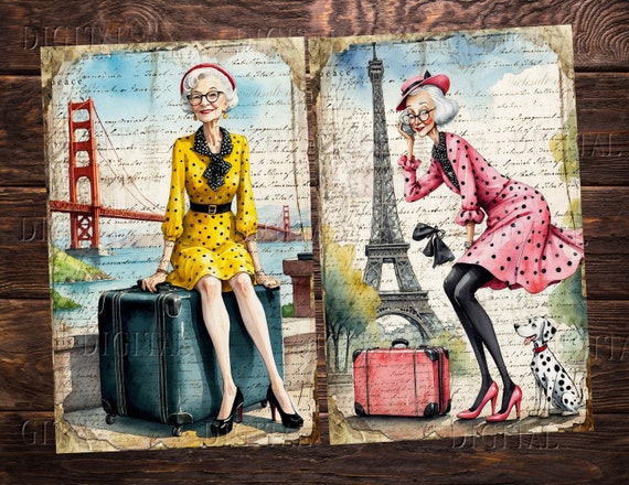Funny Grandma Clipart: Old Lady Traveling Junk Journal Pages (PDF)