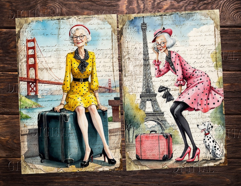 Puede incluir: Dos mujeres con ropa vintage con maletas y monumentos ic&oacute;nicos en el fondo. Una mujer lleva un vestido amarillo de lunares y est&aacute; sentada en una maleta frente al puente Golden Gate. La otra mujer lleva un vestido rosa de lunares y sostiene un tel&eacute;fono frente a la Torre Eiffel.