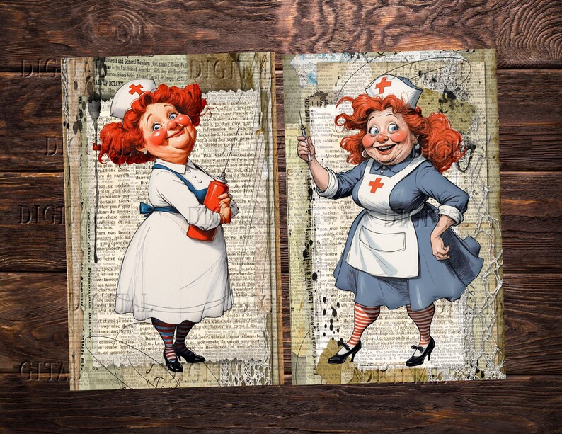 Vintage hospital junk journal page with humorous doctor and nurse artwork, distressed paper textures, and printable collage design. DigitalFit Etsy Store: https://www.etsy.com/shop/DigitalFit