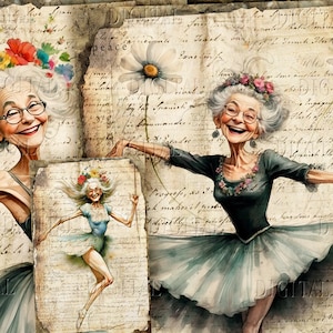 Watercolor illustration of a joyful elderly woman in a ballet pose, wearing a teal tutu and a floral crown. The background features aged paper with handwritten script and a daisy. The image has a vintage, whimsical feel. DigitalFit Etsy Store: https://www.etsy.com/shop/DigitalFit
